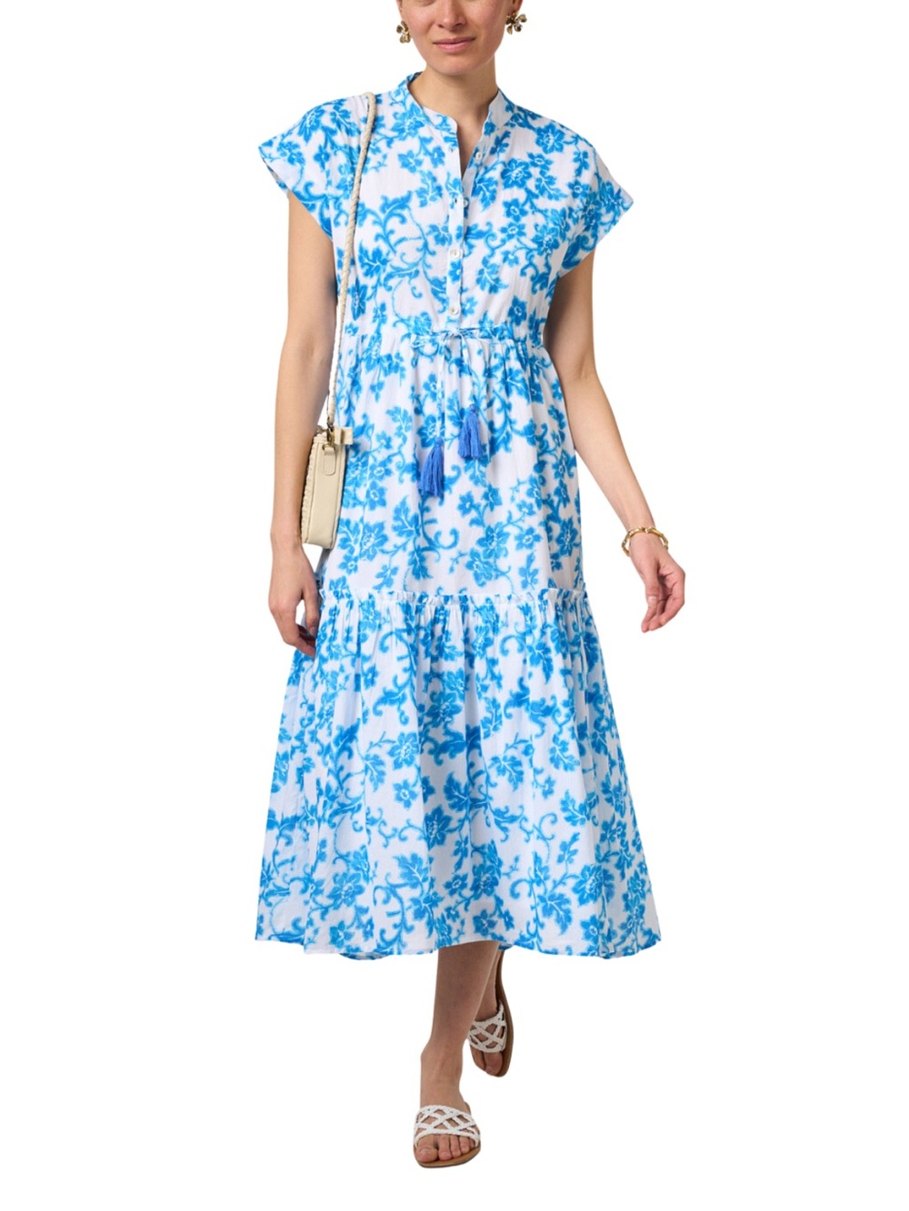 Ro's Garden Mumi Midi Dress Floral Cotton Blue & White Large